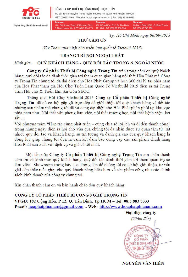 Thư cảm ơn tham quan hội trợ VIETBUILD 2015