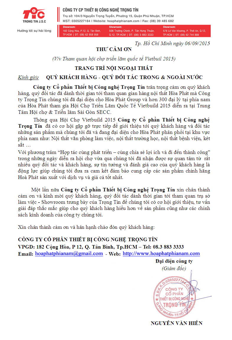 Thư cảm ơn tham quan hội trợ VIETBUILD 2015